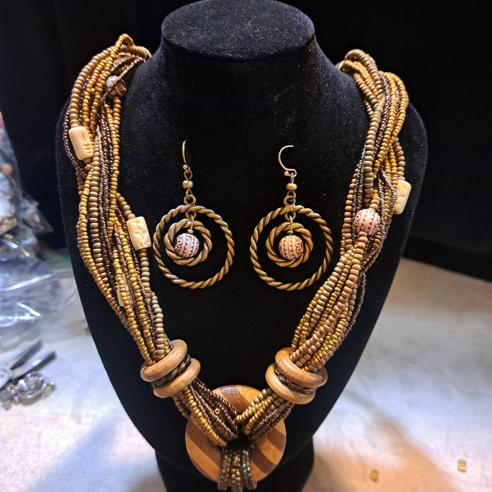 Chico's Multistrand Gold and Brown Necklace Set